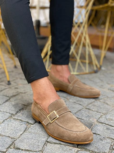 men's beige suede loafers.